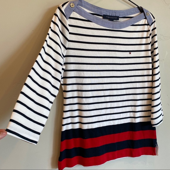 TOMMY HILFIGER Striped Chambray Boat Neck 3/4 Top - Picture 2 of 6